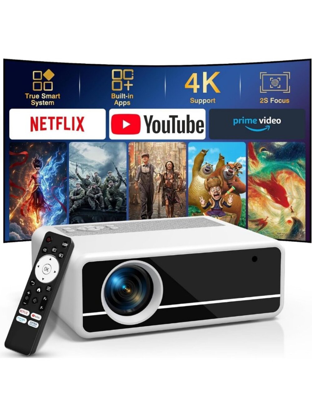 4K Portable Smart Projector with WiFi & Bluetooth, Auto Keystone, Fast Focus
